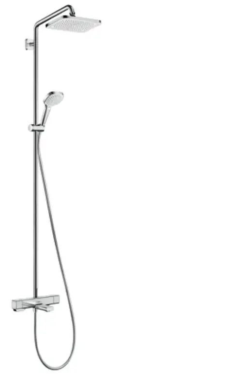 Hansgrohe Duschpaneel mit overhead Dusche und Handbrause, kombinierter Thermostatarmatur, verchromte Oberfläche, einfache Montage.